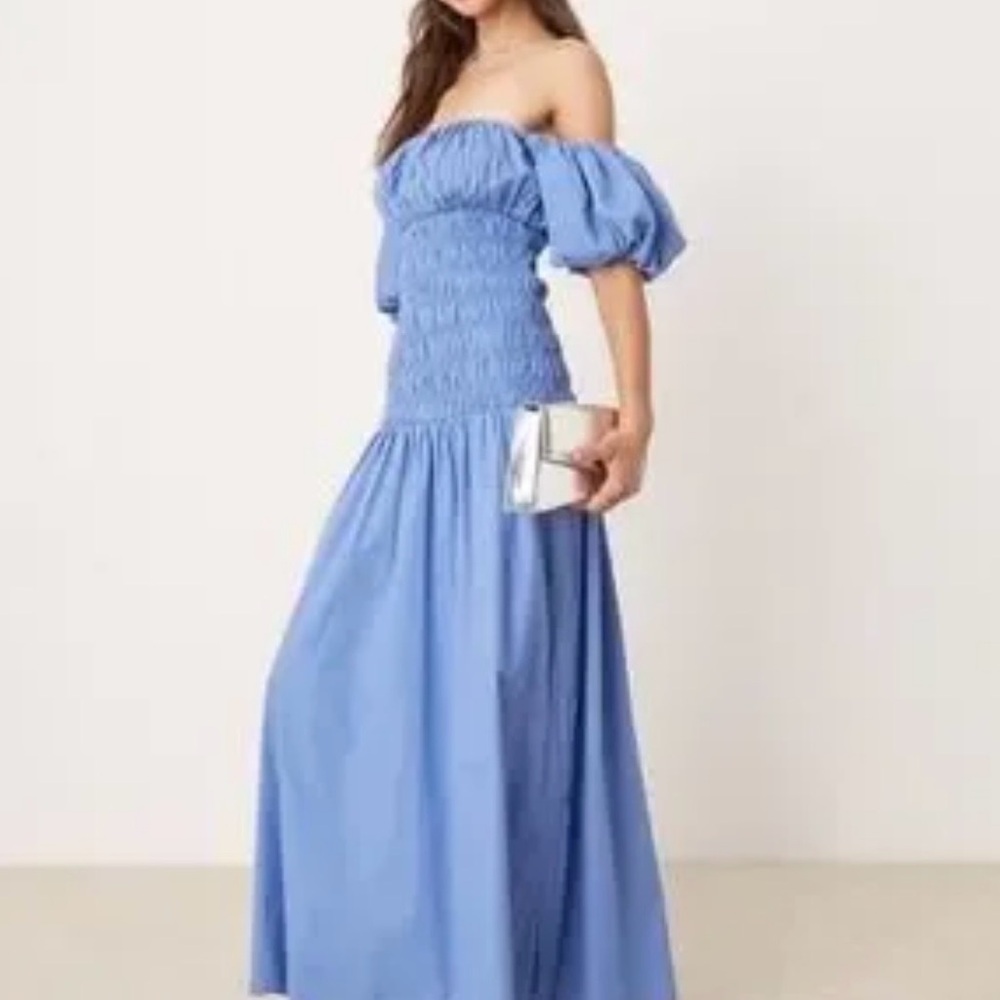 Abercrombie & Fitch Blue Off-Shoulder Smocked Maxi Dress M Tall - Picture 3 of 7